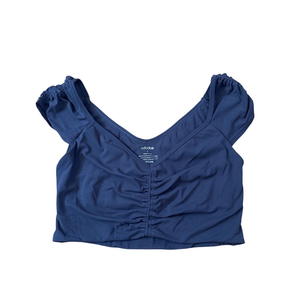 Ododos Crop Top Womens Blue Ruched Cap Sleeve Activewear SIZE L
